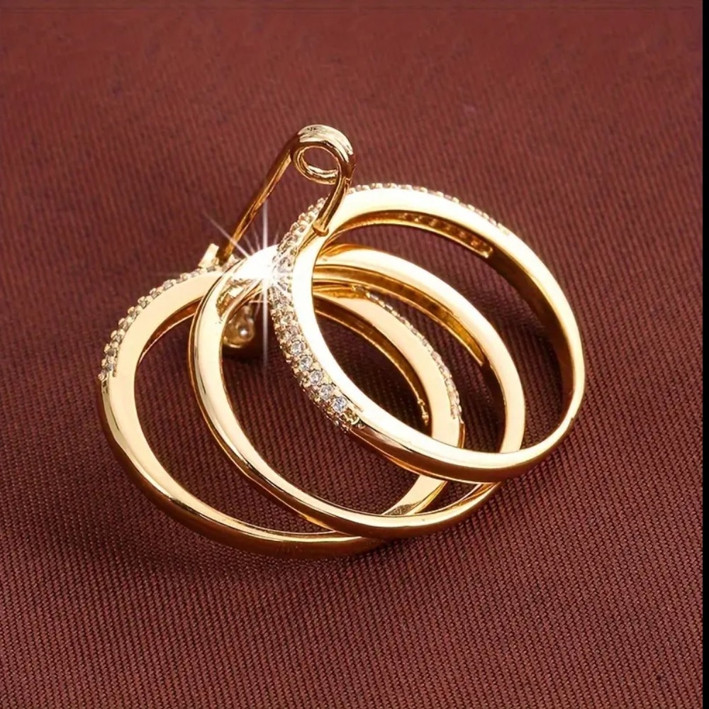 14k Gold Diamond Safety Pin Triple Stack Ring - Picture 3 of 4